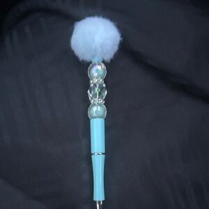 Chic Blue Pom Pom Pen with Beaded Accents